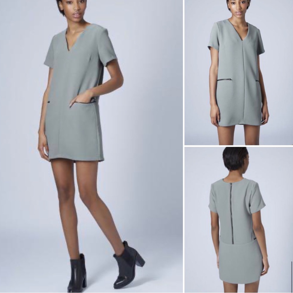 Topshop Slate Grey Crepe‎ Black Zipper Pockets V-Neck Mini Shift Dress Size 4